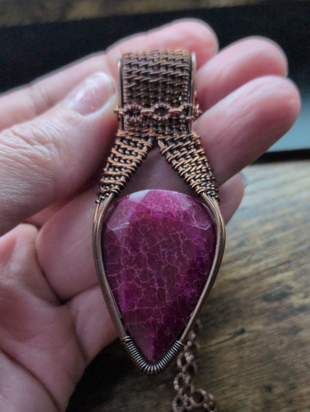 Handcrafted Copper Wire-Wrapped Natural Ruby Teardrop Pendant Necklace